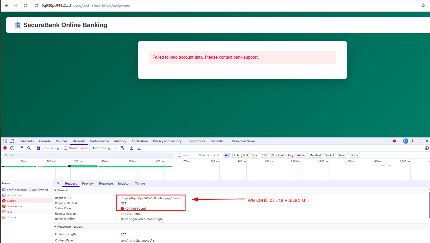 CSPT working, authenticated request redirected /blog/images/snyk_ctf_secure_bank/image-5.png